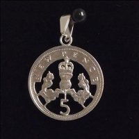 Cut Five pence, 5p coin pendant available from 1968 to 1980.